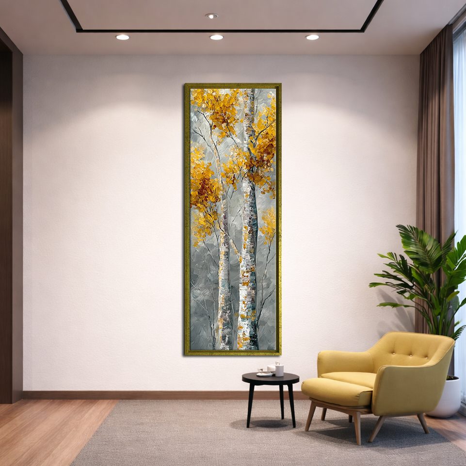 Golden Birch Trees on Gray canvas wall art, gold floating frame