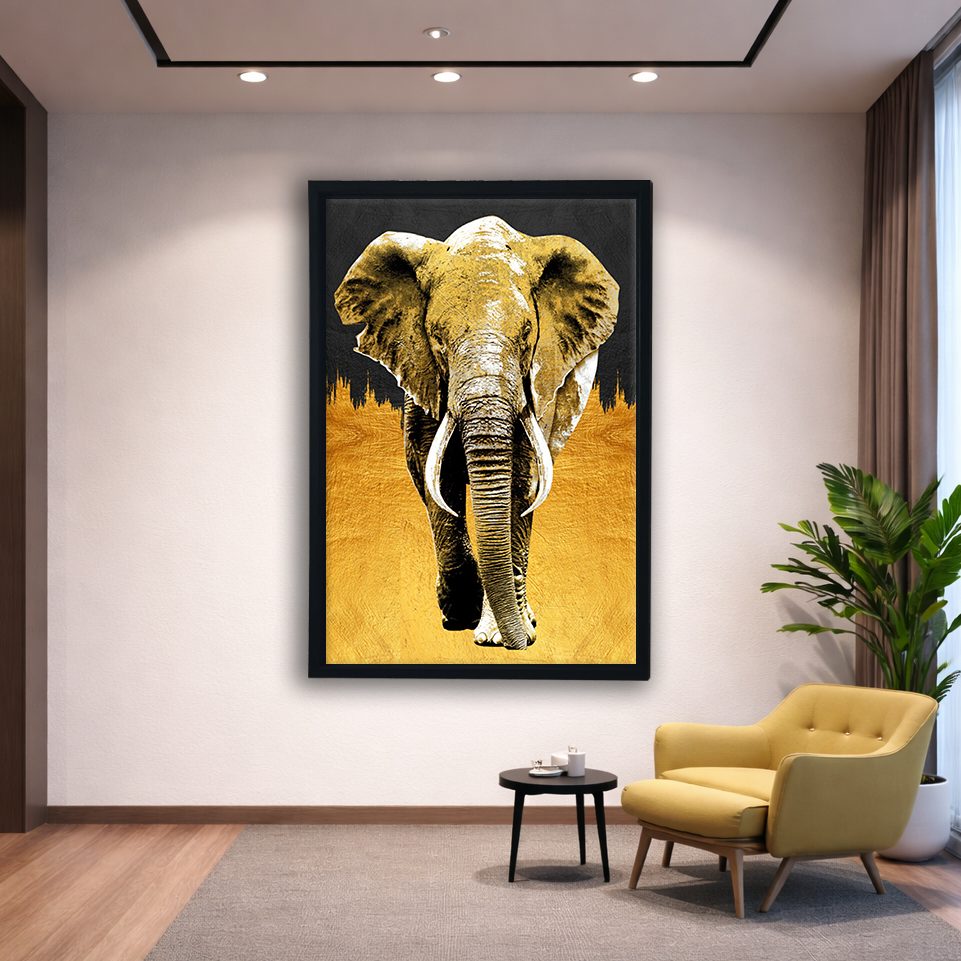 Golden Elephant on Black canvas wall art, black floating frame