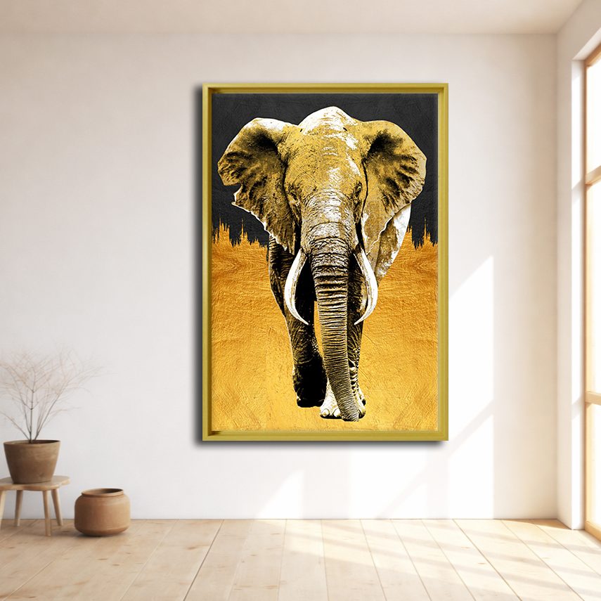 Golden Elephant on Black canvas wall art, natural wood floating frame
