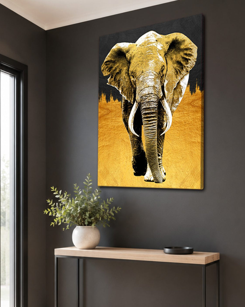 Golden Elephant on Black canvas wall art, unframed canvas