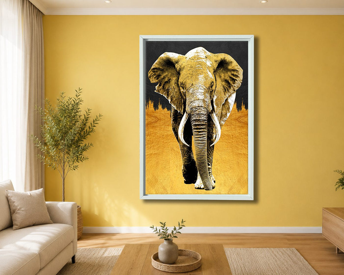 Golden Elephant on Black canvas wall art, white floating frame