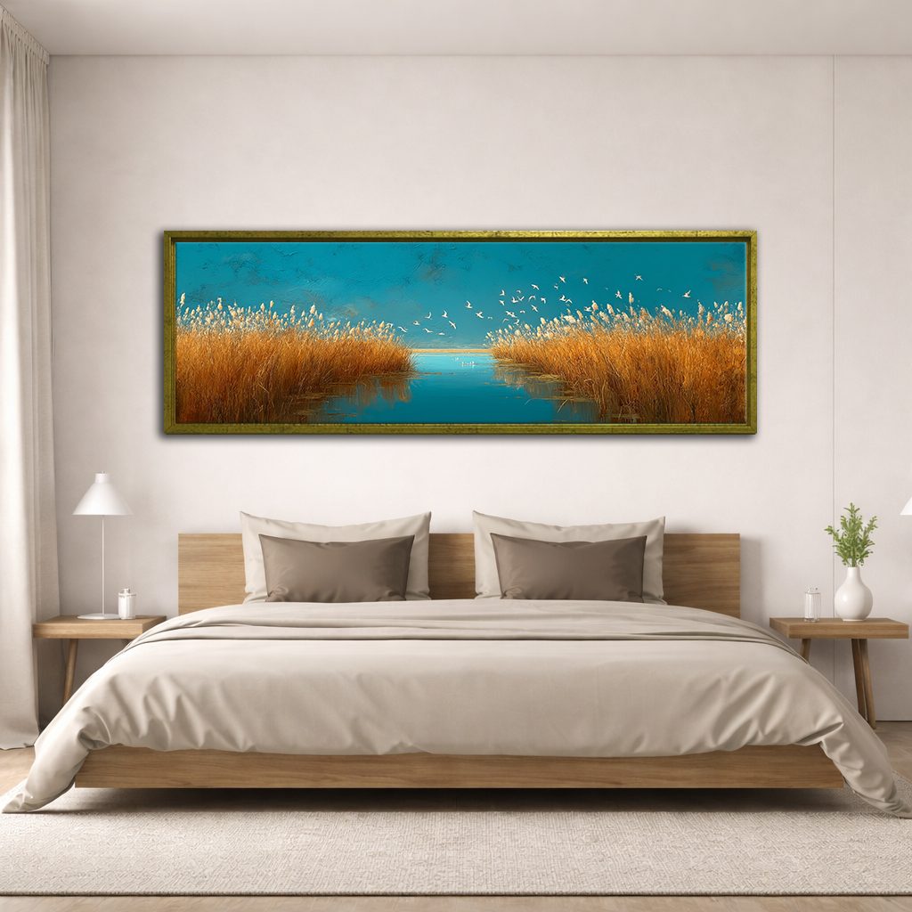 Golden Grass and Birds over Teal Water canvas wall art, antique gold floating frame