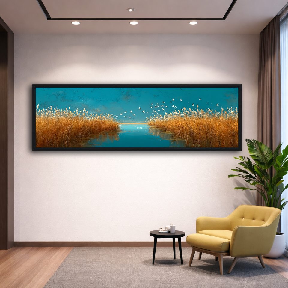 Golden Grass and Birds over Teal Water canvas wall art, black floating frame