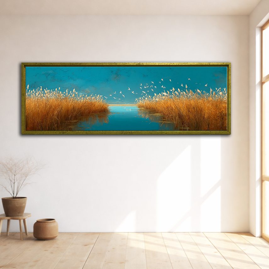 Golden Grass and Birds over Teal Water canvas wall art, gold floating frame