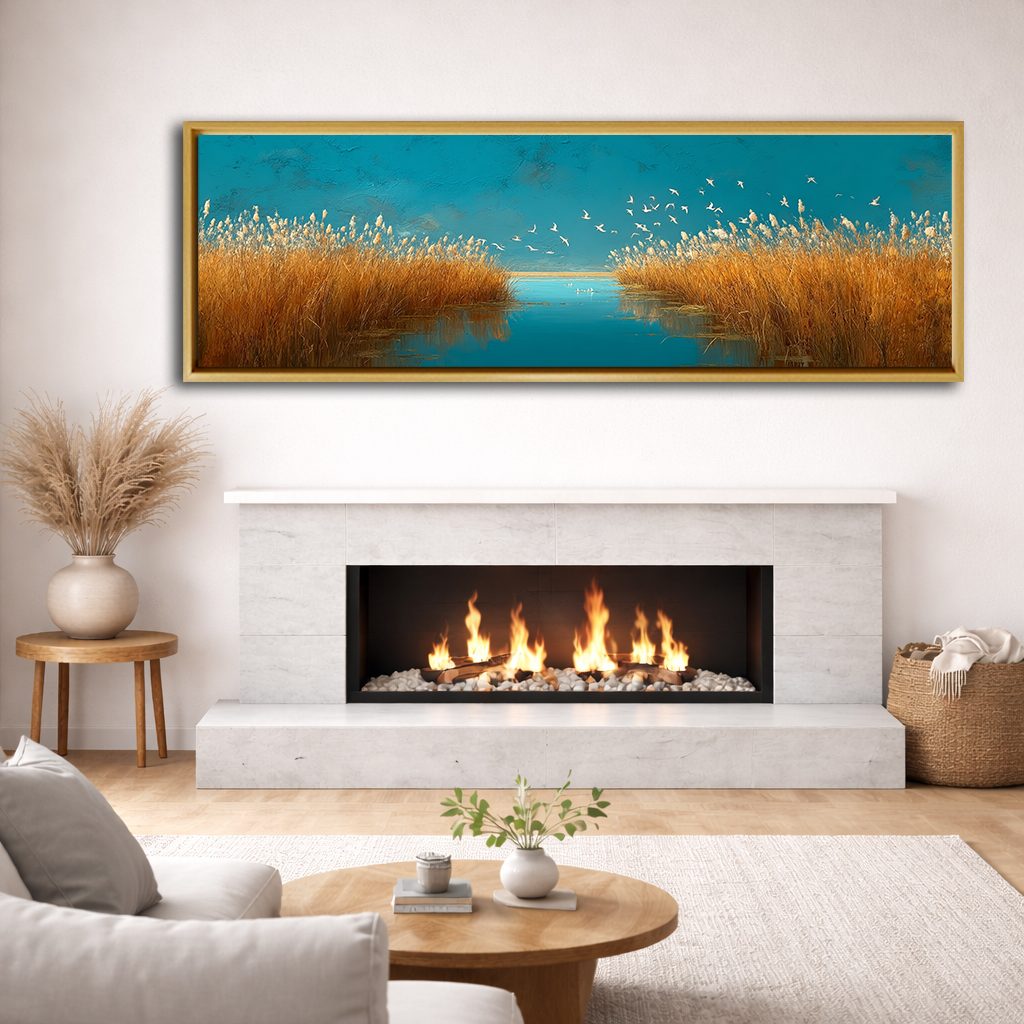 Golden Grass and Birds over Teal Water canvas wall art, natural wood floating frame