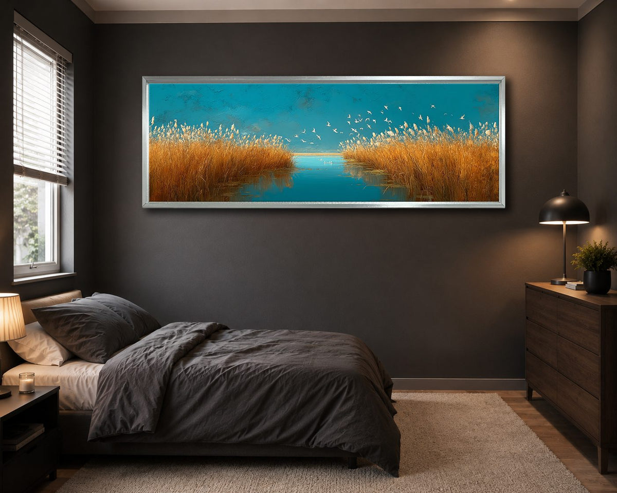 Golden Grass and Birds over Teal Water canvas wall art, silver floating frame