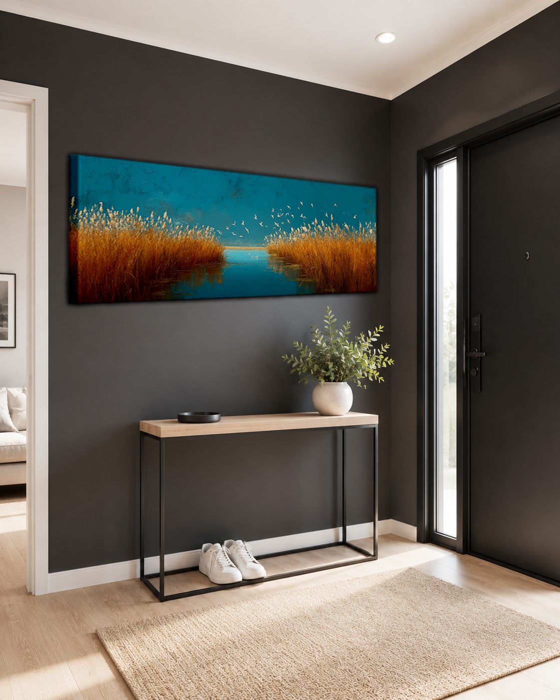 Golden Grass and Birds over Teal Water canvas wall art, unframed canvas