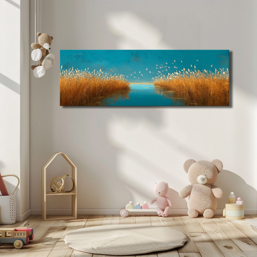 Golden Grass and Birds over Teal Water canvas wall art, unframed canvas