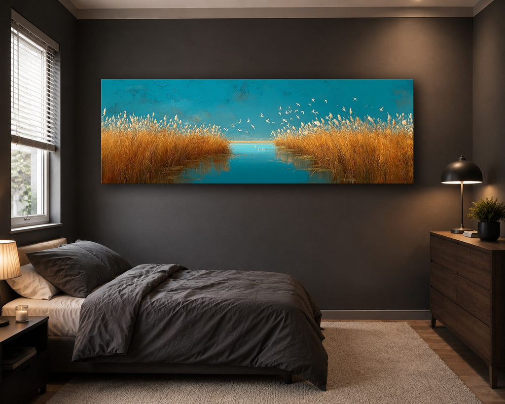 Golden Grass and Birds over Teal Water canvas wall art, unframed canvas