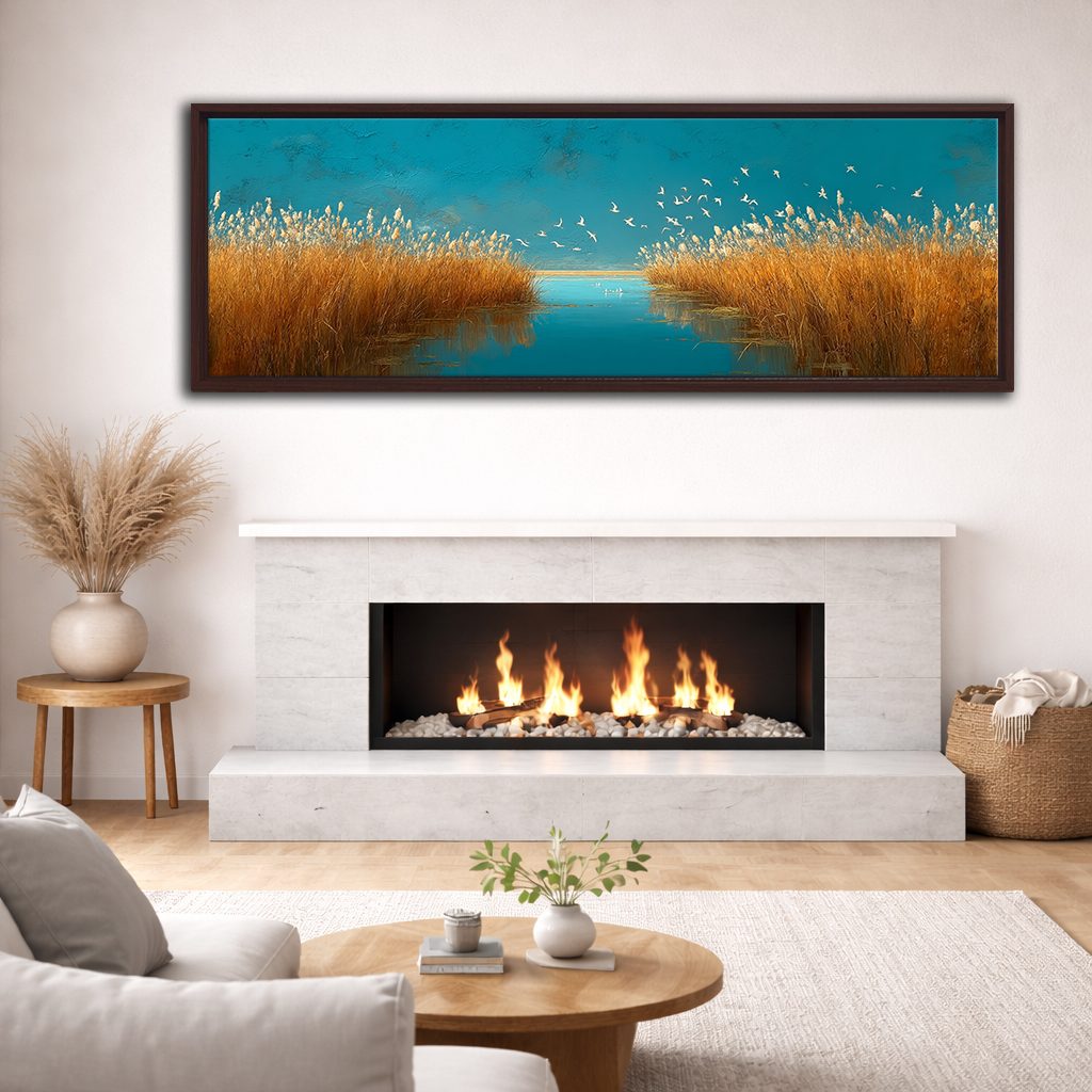 Golden Grass and Birds over Teal Water canvas wall art, walnut floating frame