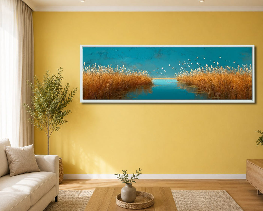 Golden Grass and Birds over Teal Water canvas wall art, white floating frame