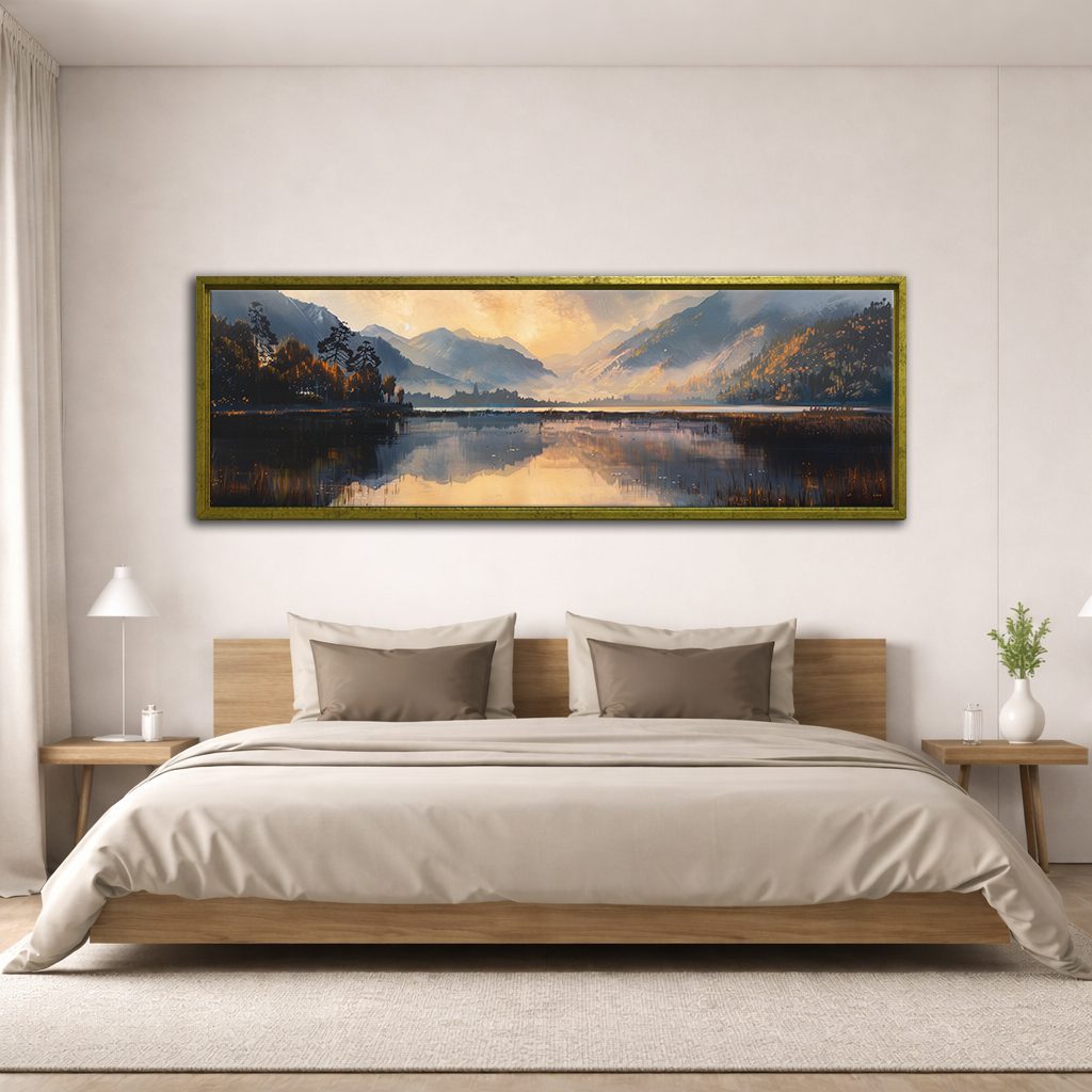 Golden Mountain Lake Morning canvas wall art, antique gold floating frame