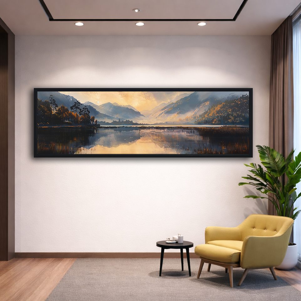 Golden Mountain Lake Morning canvas wall art, black floating frame