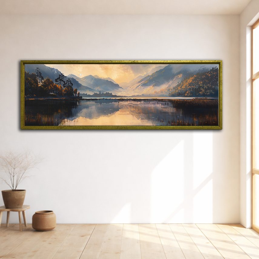 Golden Mountain Lake Morning canvas wall art, gold floating frame