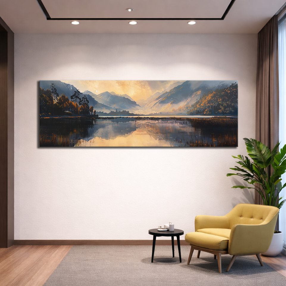 Golden Mountain Lake Morning canvas wall art, unframed canvas