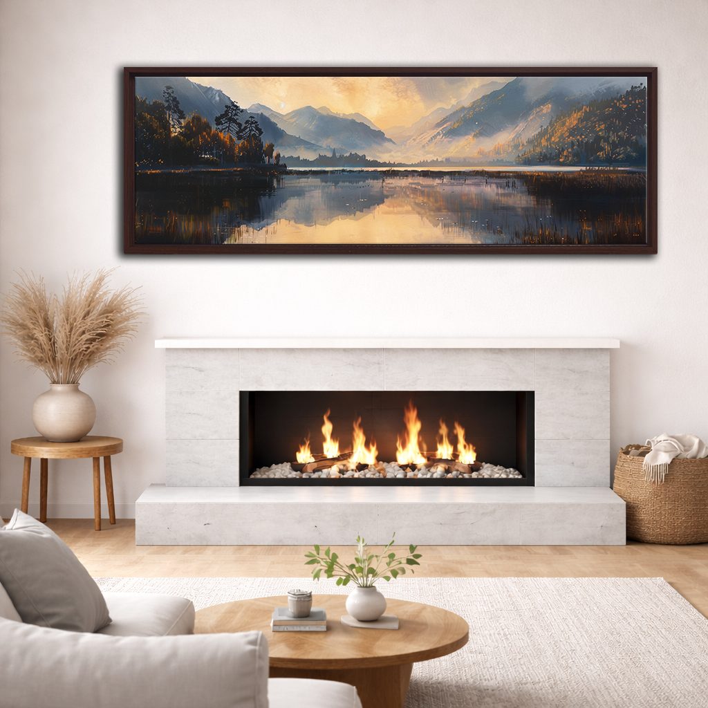 Golden Mountain Lake Morning canvas wall art, walnut floating frame