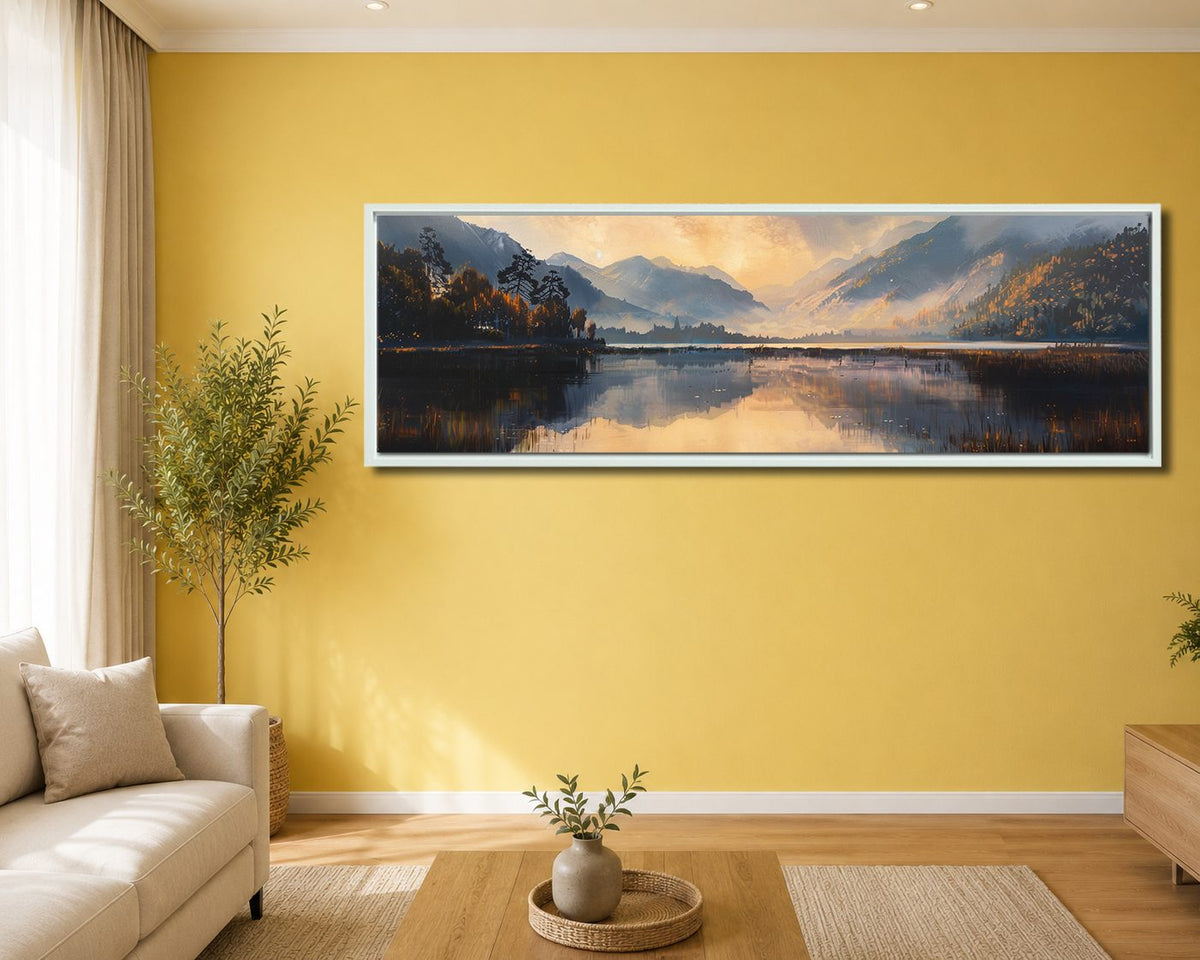 Golden Mountain Lake Morning canvas wall art, white floating frame