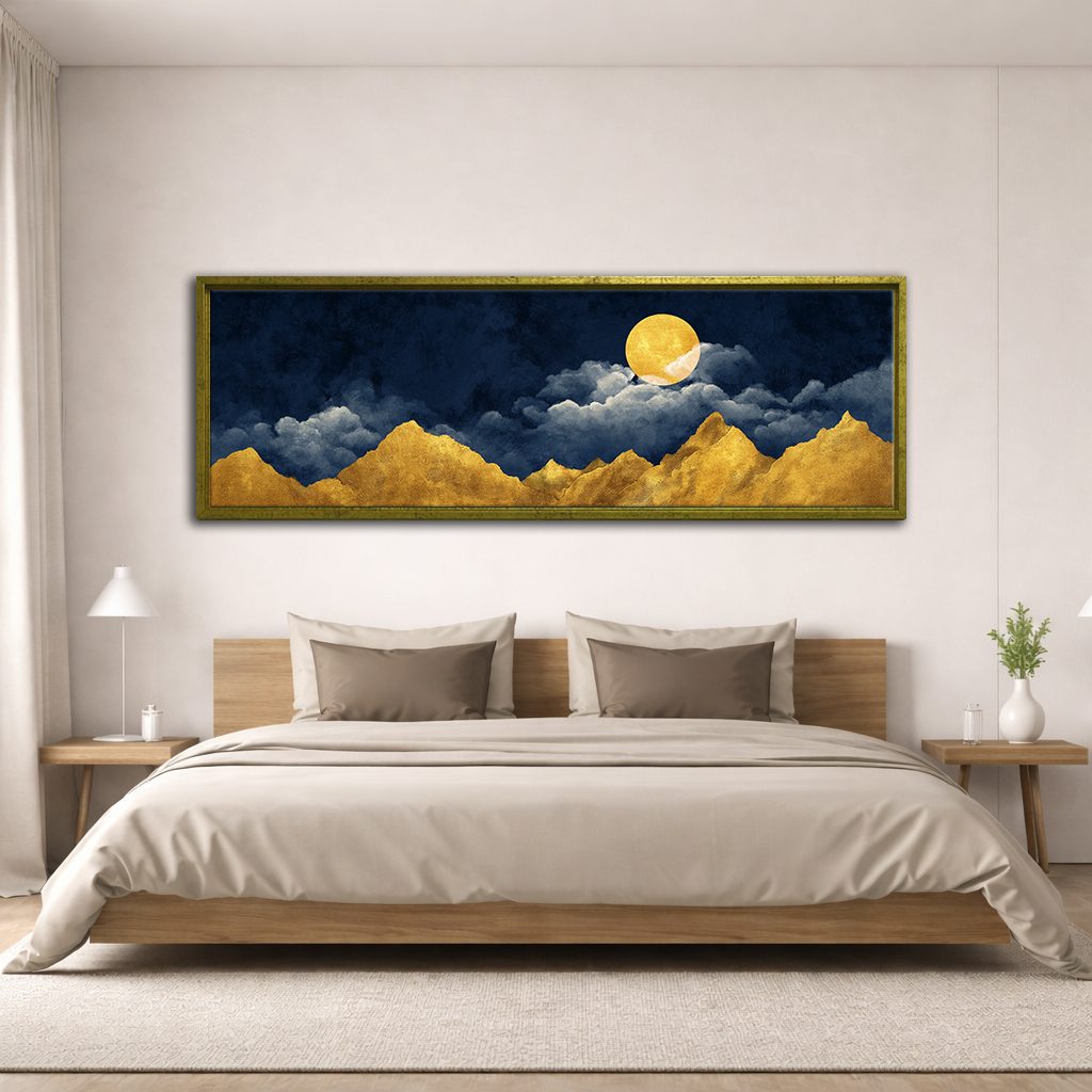 Golden Mountains and Moon on Navy canvas wall art, antique gold floating frame
