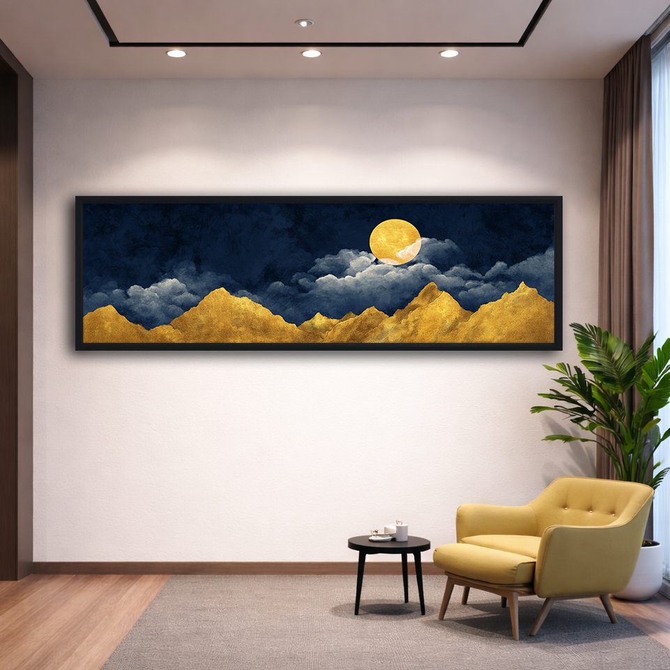 Golden Mountains and Moon on Navy canvas wall art, black floating frame