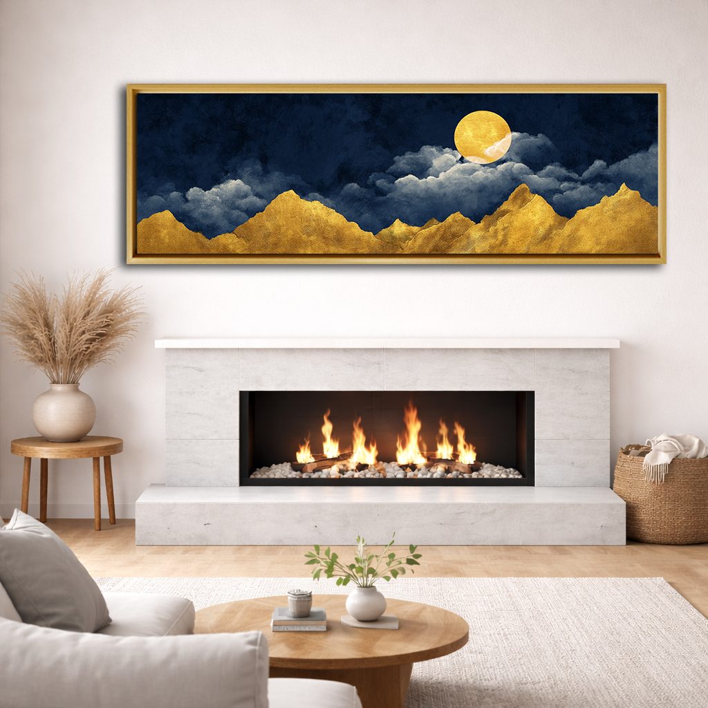 Golden Mountains and Moon on Navy canvas wall art, natural wood floating frame