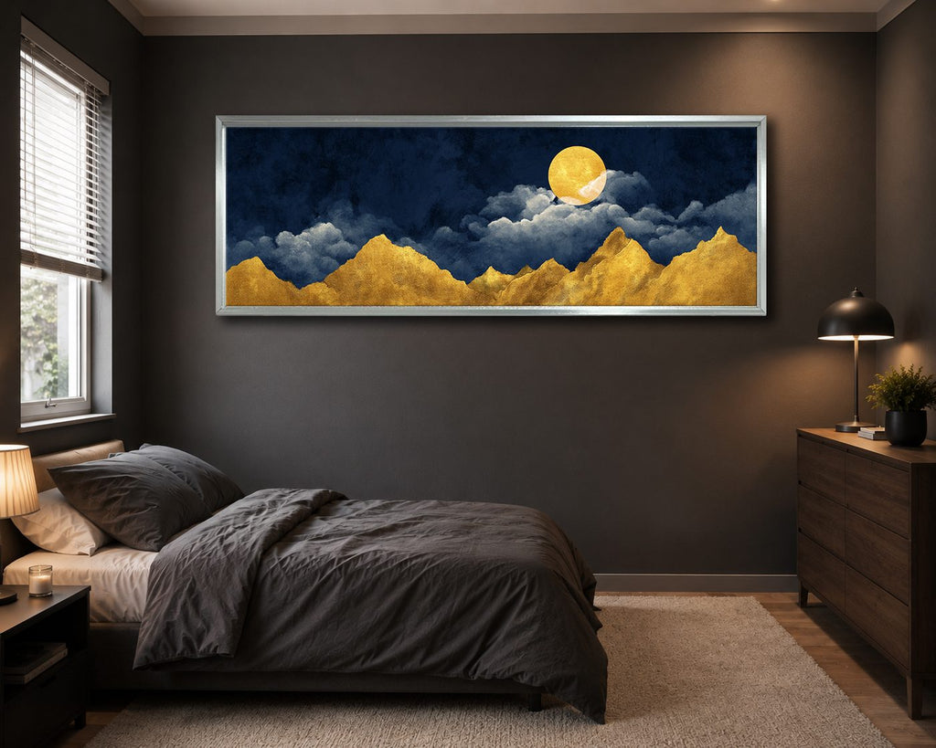 Golden Mountains and Moon on Navy canvas wall art, silver floating frame