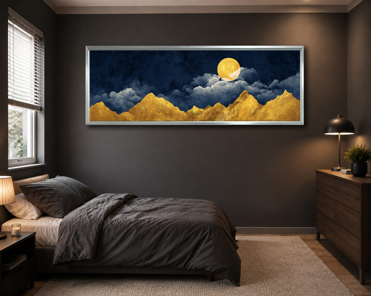 Golden Mountains and Moon on Navy canvas wall art, silver floating frame