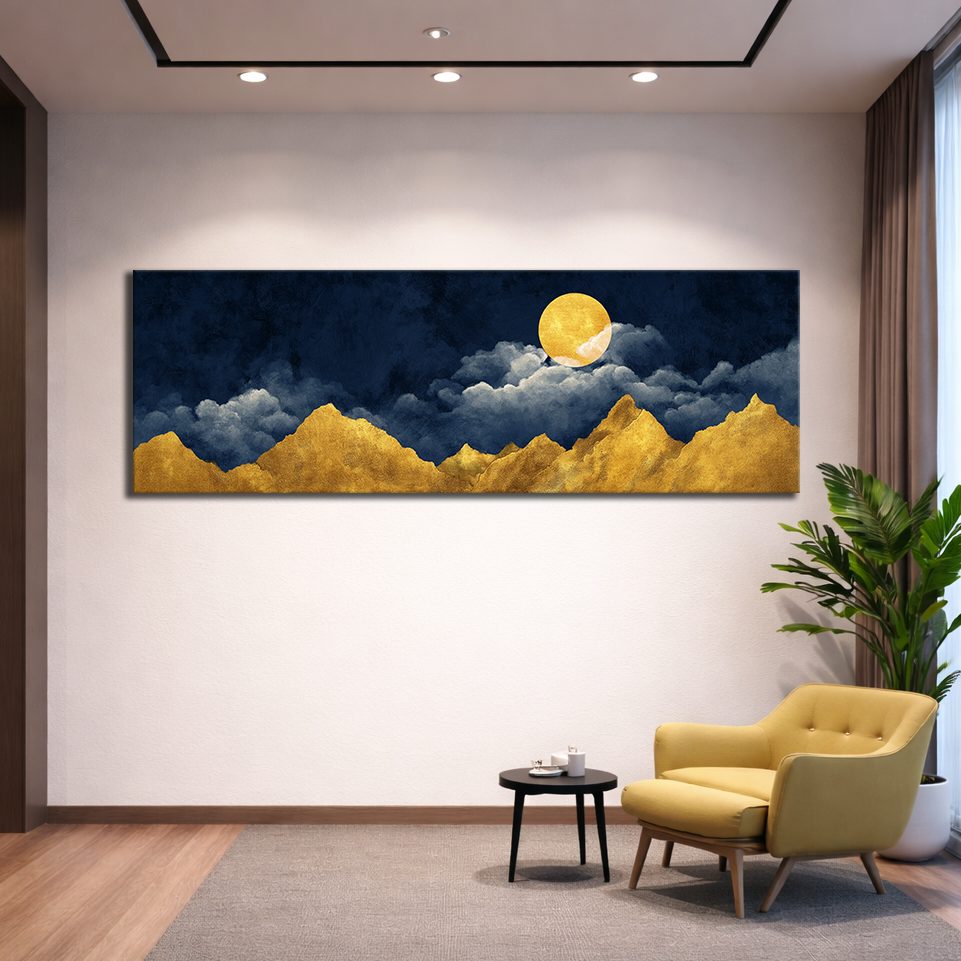 Golden Mountains and Moon on Navy canvas wall art, unframed canvas