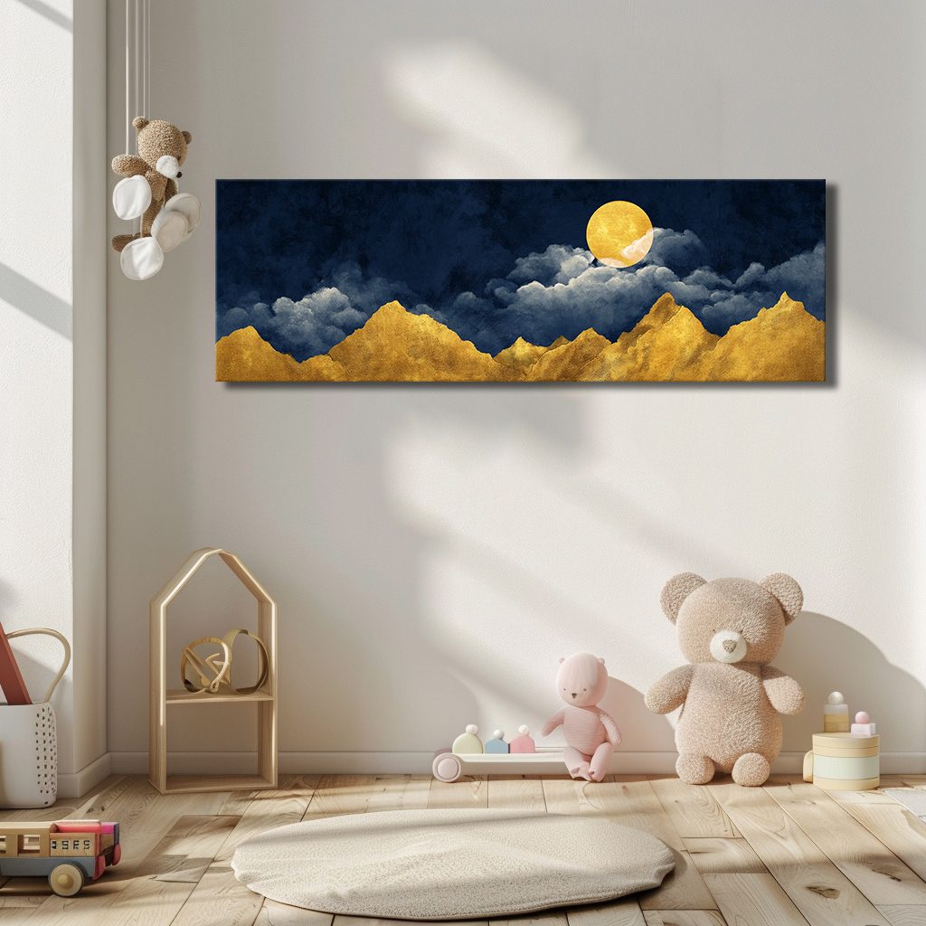 Golden Mountains and Moon on Navy canvas wall art, unframed canvas