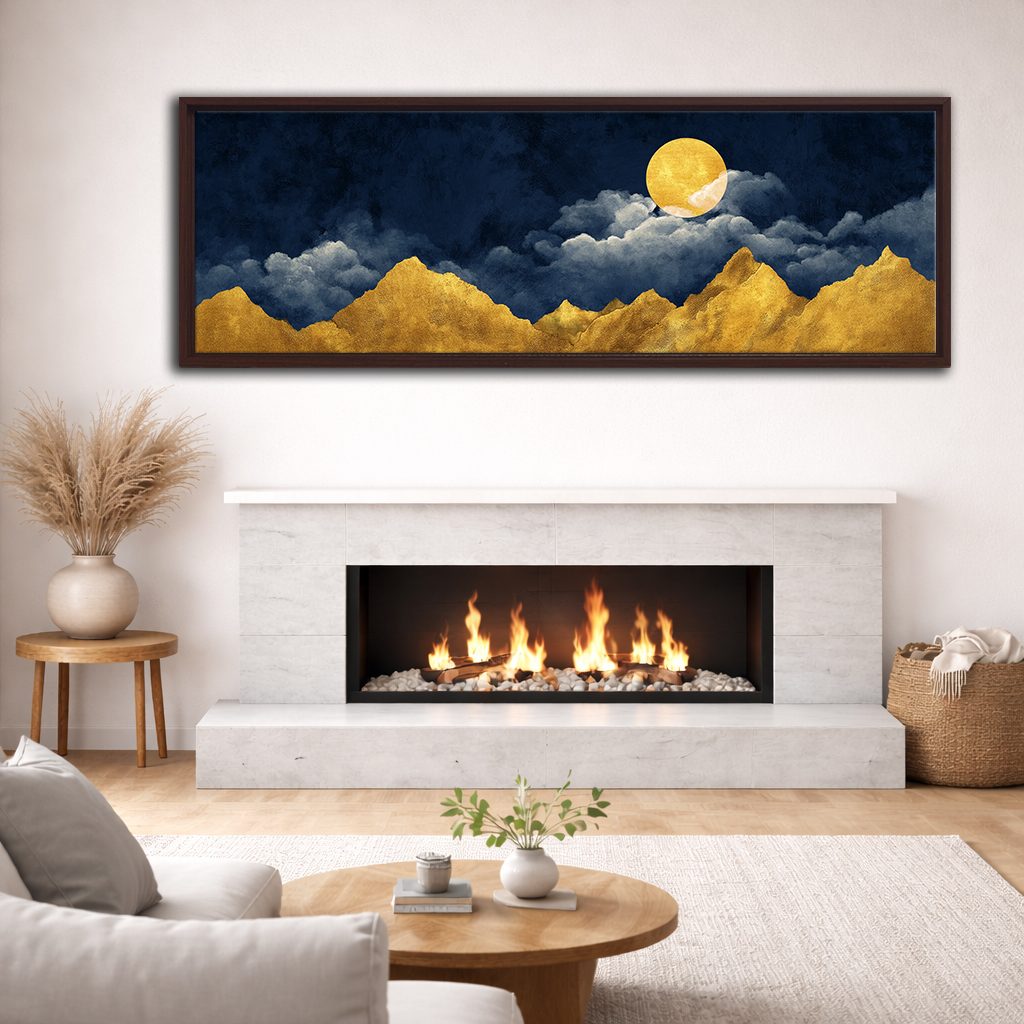Golden Mountains and Moon on Navy canvas wall art, walnut floating frame