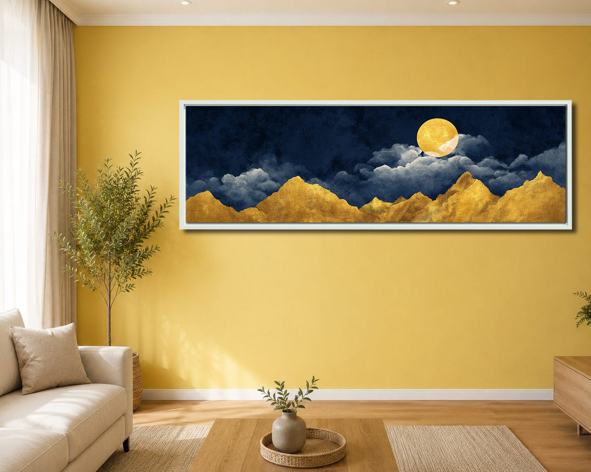 Golden Mountains and Moon on Navy canvas wall art, white floating frame