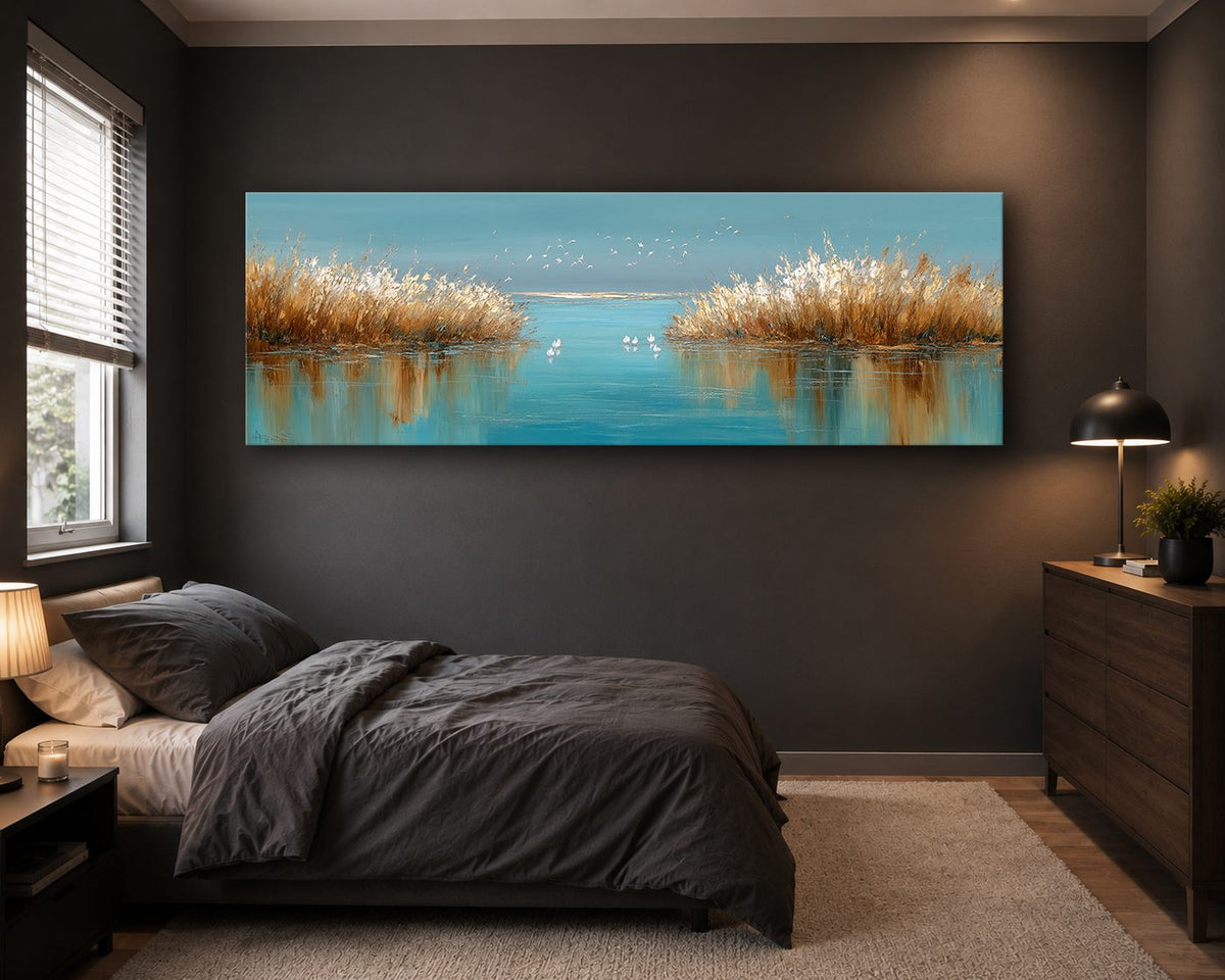 Golden Reeds on Turquoise Lake canvas wall art, unframed canvas