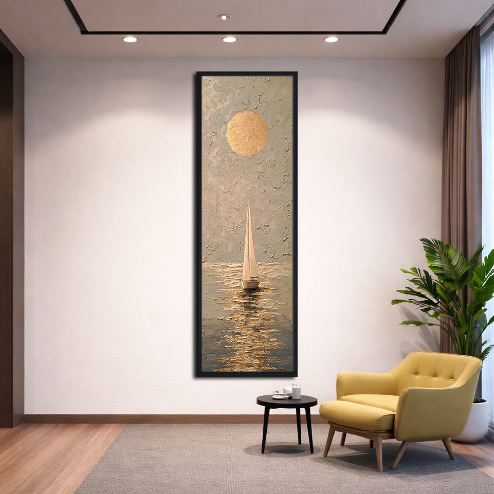 Golden Sun and Sailboat Textured canvas wall art, black floating frame
