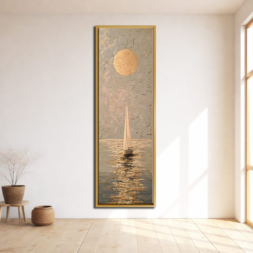 Golden Sun and Sailboat Textured canvas wall art, natural wood floating frame