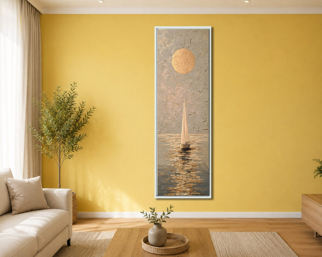 Golden Sun and Sailboat Textured canvas wall art, white floating frame