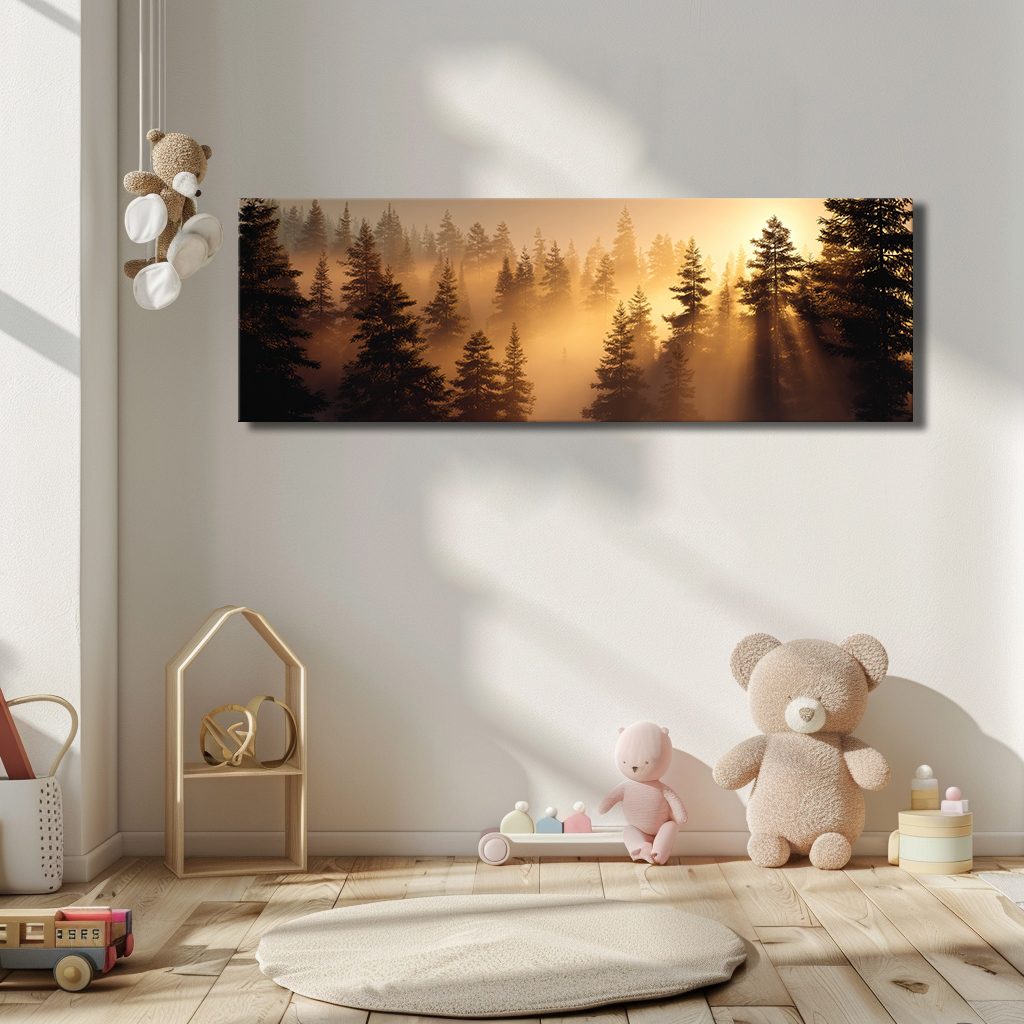 Golden Sunrise Misty Pine Forest canvas wall art, unframed canvas