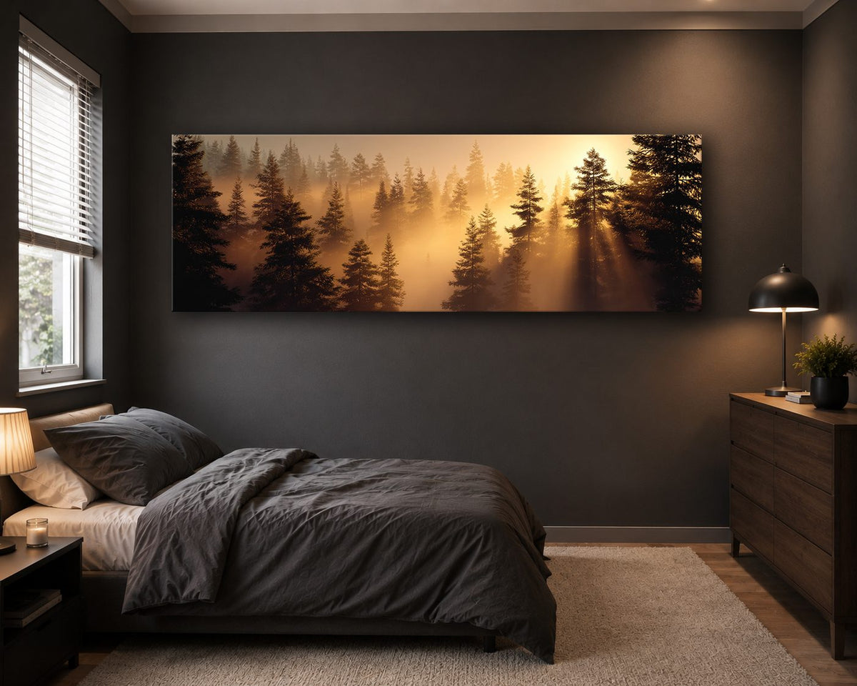 Golden Sunrise Misty Pine Forest canvas wall art, unframed canvas