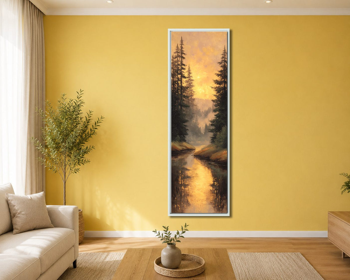 Golden Sunset Forest River canvas wall art, white floating frame