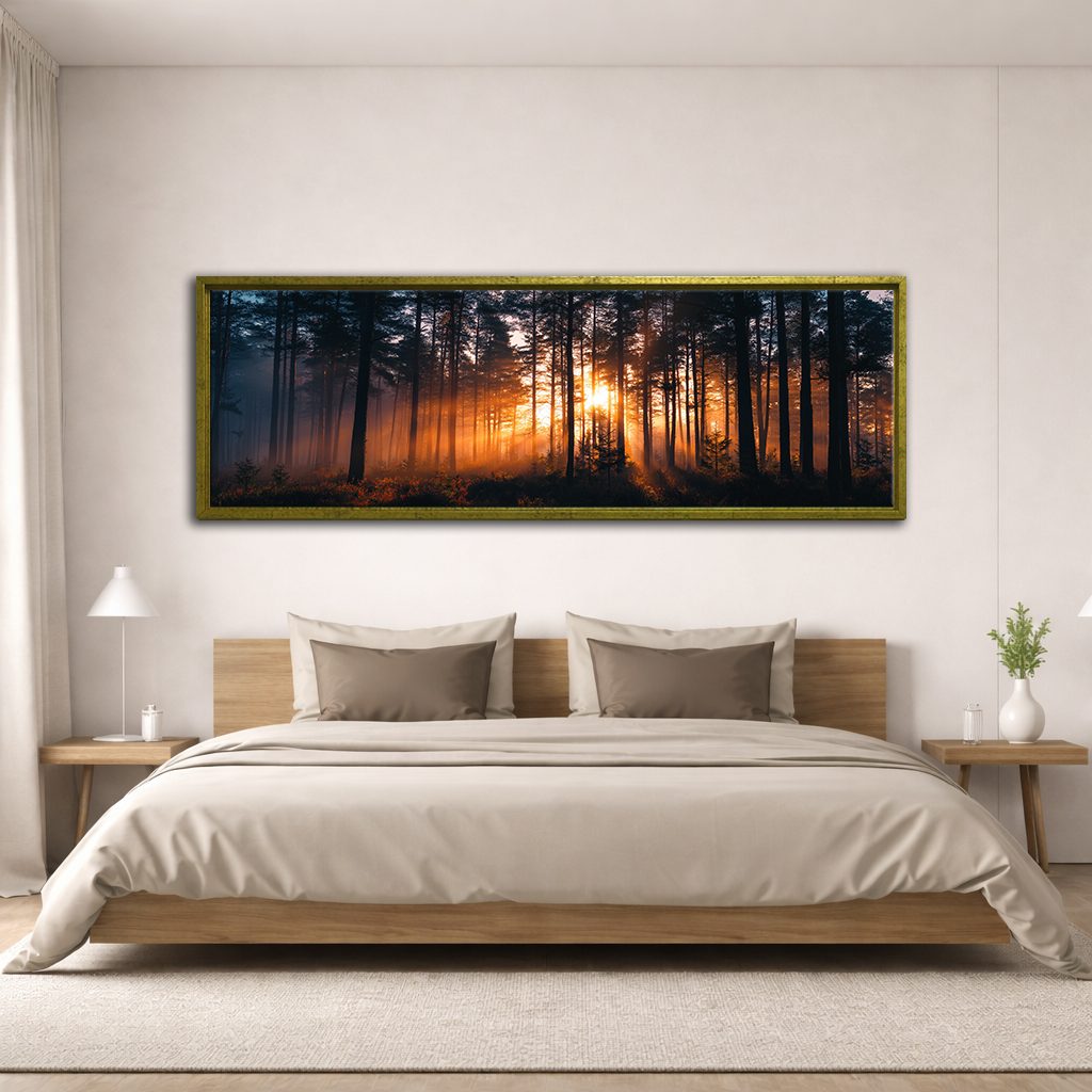 Golden Sunset Through Dark Forest canvas wall art, antique gold floating frame