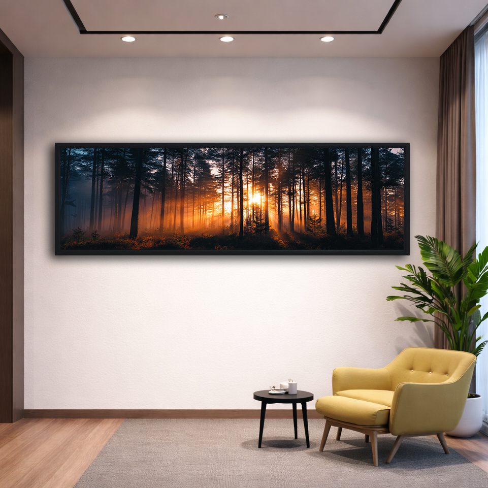 Golden Sunset Through Dark Forest canvas wall art, black floating frame