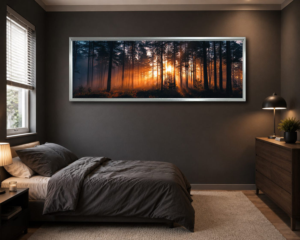 Golden Sunset Through Dark Forest canvas wall art, silver floating frame