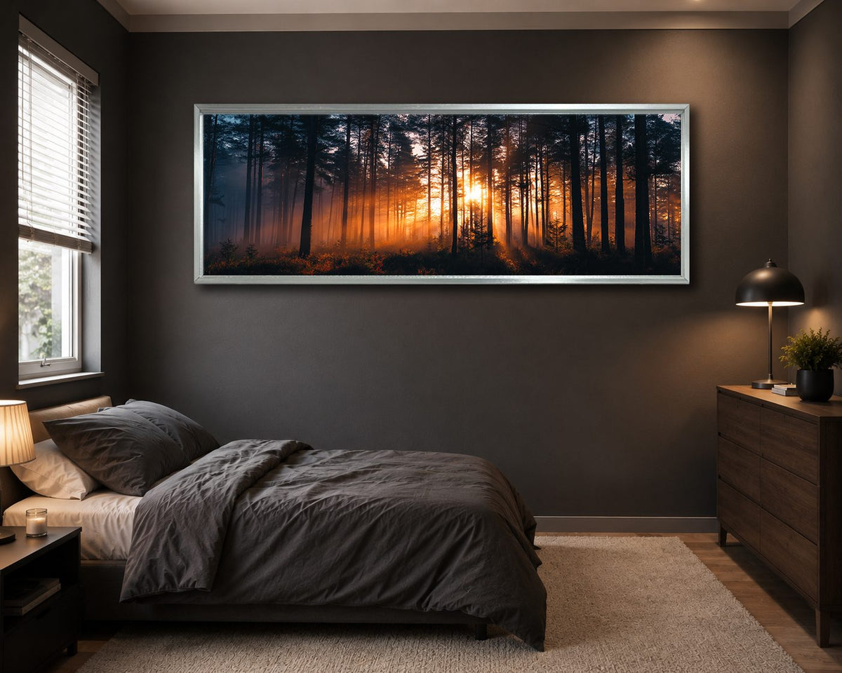 Golden Sunset Through Dark Forest canvas wall art, silver floating frame