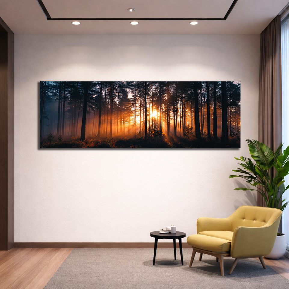 Golden Sunset Through Dark Forest canvas wall art, unframed canvas
