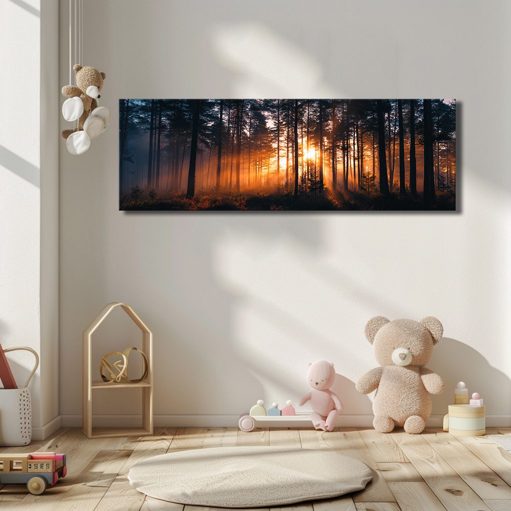 Golden Sunset Through Dark Forest canvas wall art, unframed canvas