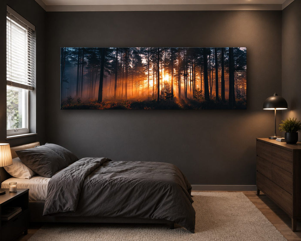 Golden Sunset Through Dark Forest canvas wall art, unframed canvas