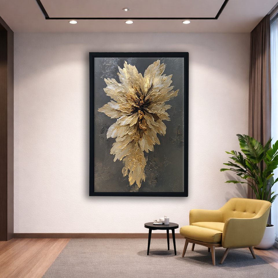 Golden Textured Flower Bloom canvas wall art, black floating frame