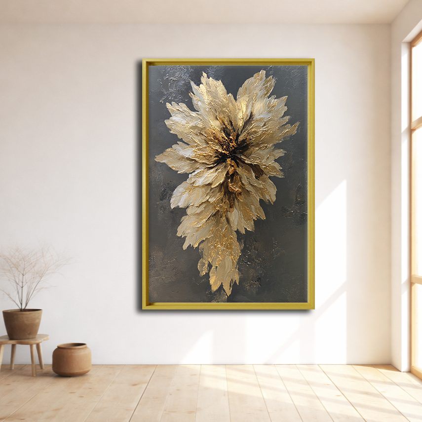 Golden Textured Flower Bloom canvas wall art, natural wood floating frame