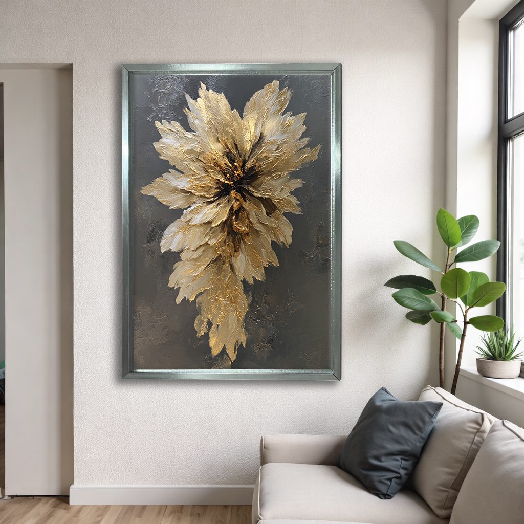 Golden Textured Flower Bloom canvas wall art, silver floating frame