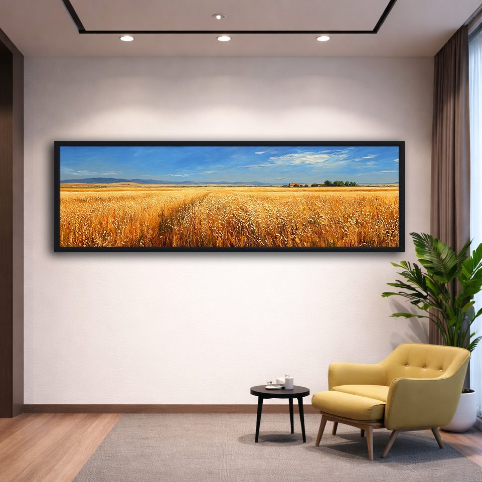 Golden Wheat Field Countryside canvas wall art, black floating frame
