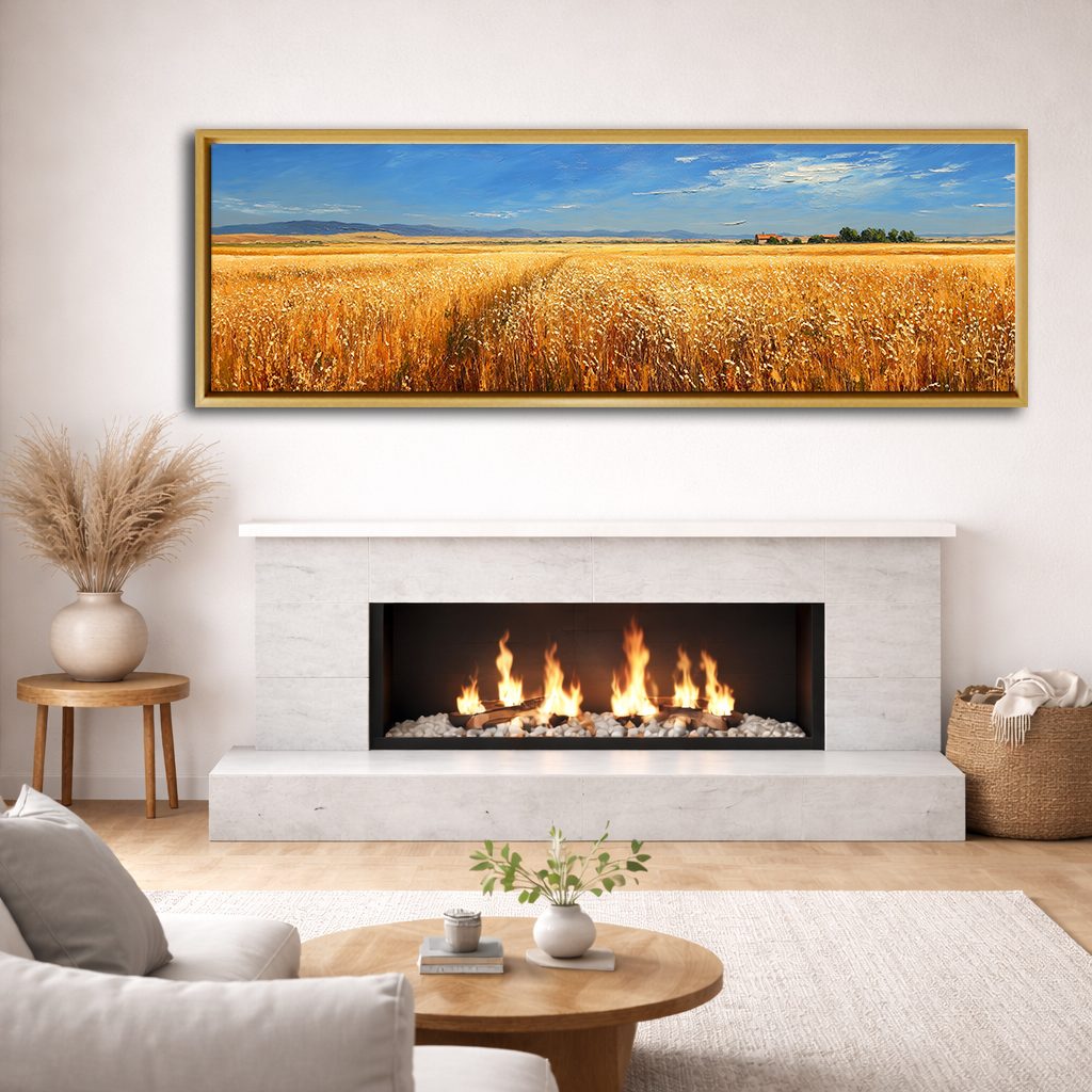 Golden Wheat Field Countryside canvas wall art, natural wood floating frame