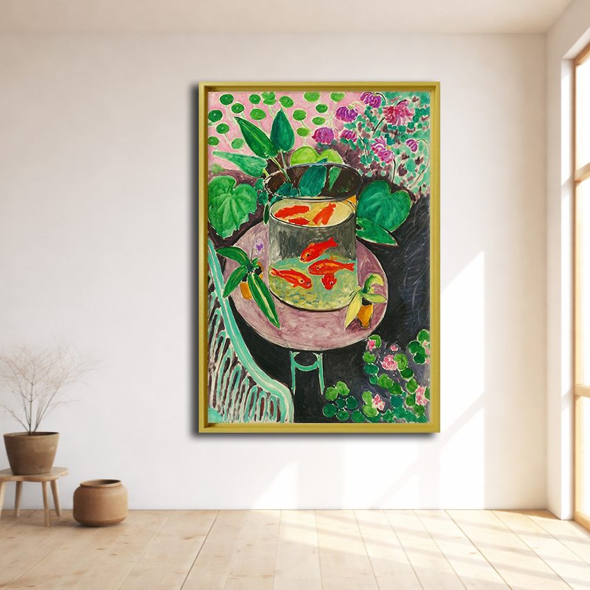 Goldfish by Henri Matisse canvas wall art, natural wood floating frame